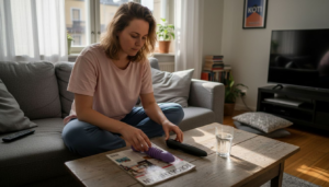 Nainen pohdiskelee olohuoneessa, minkä dildon valitsisi.