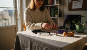 Nainen tutkii kotonaan eri seksilelujen materiaaleja ja vertailee niiden ominaisuuksia.