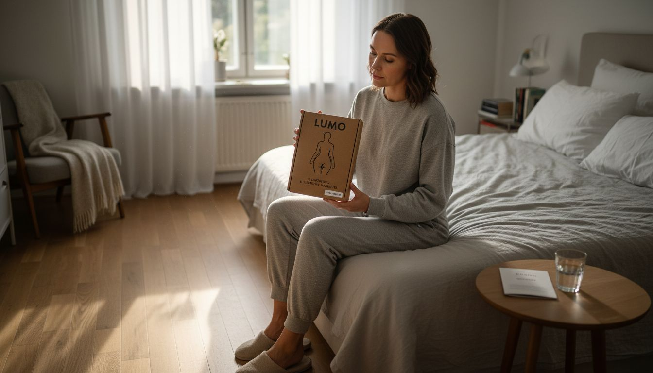 Nainen tutustuu uuteen seksileluun omassa makuuhuoneessaan.