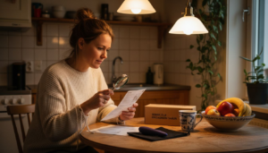 Nainen tutkii seksilelun pakkausta tarkasti.