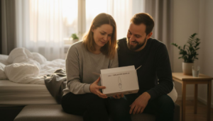 Aurinkoisessa makuuhuoneessa hymyilevä suomalaispari tutkii uteliaana vibraattoripakkauksen sisältöä.