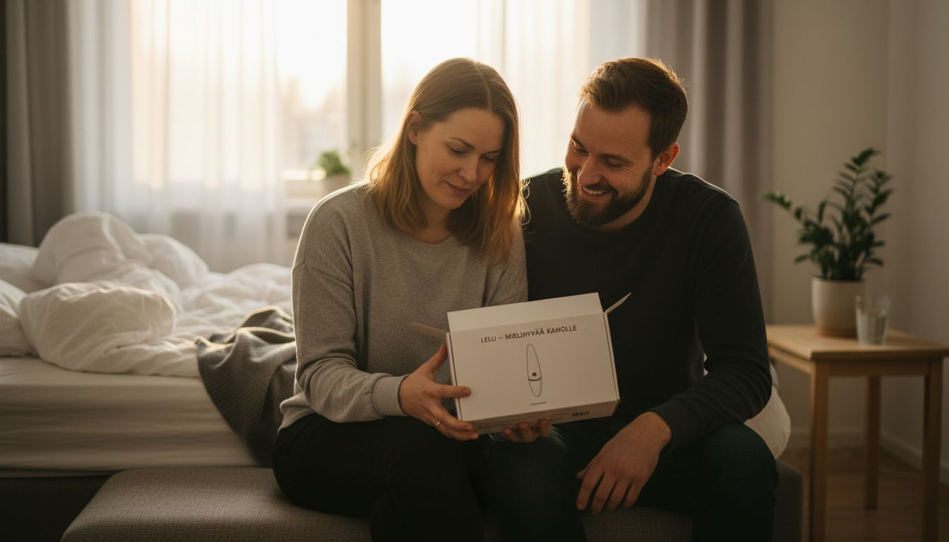 Aurinkoisessa makuuhuoneessa hymyilevä suomalaispari tutkii uteliaana vibraattoripakkauksen sisältöä.