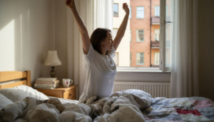 Nainen venyttelee raukeana sängyssä aamuauringon kajossa.
