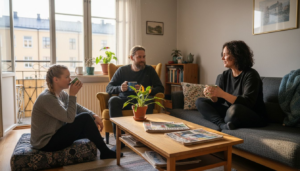 Kolme aikuista istuu rupattelemassa viihtyisässä olohuoneessa.