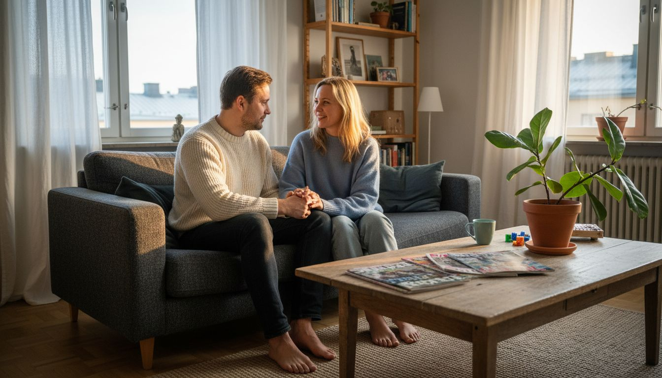 Pariskunta viettää läheistä hetkeä kotonaan