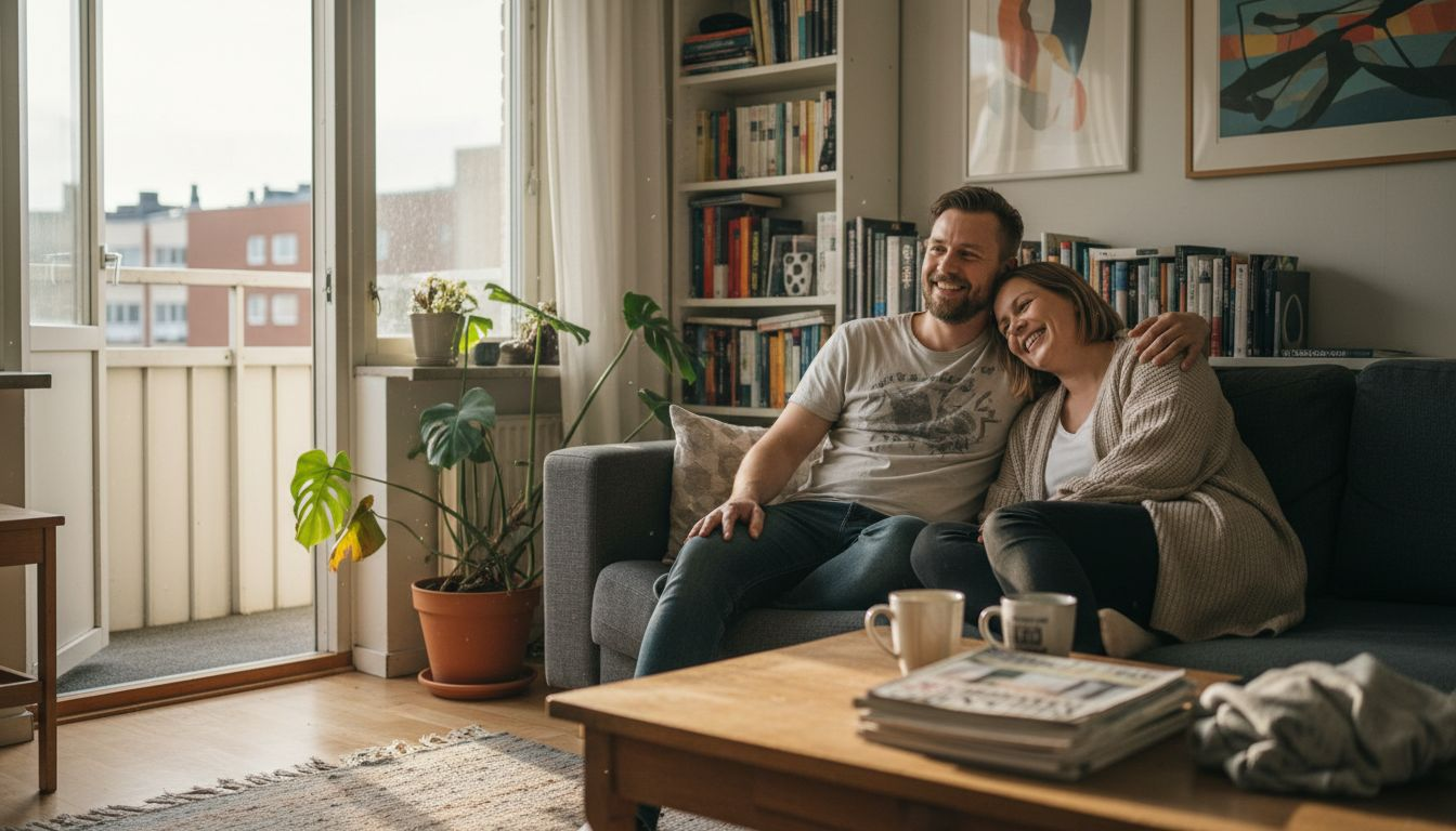 Onnellinen pariskunta viettää rentoa hetkeä kotisohvalla.