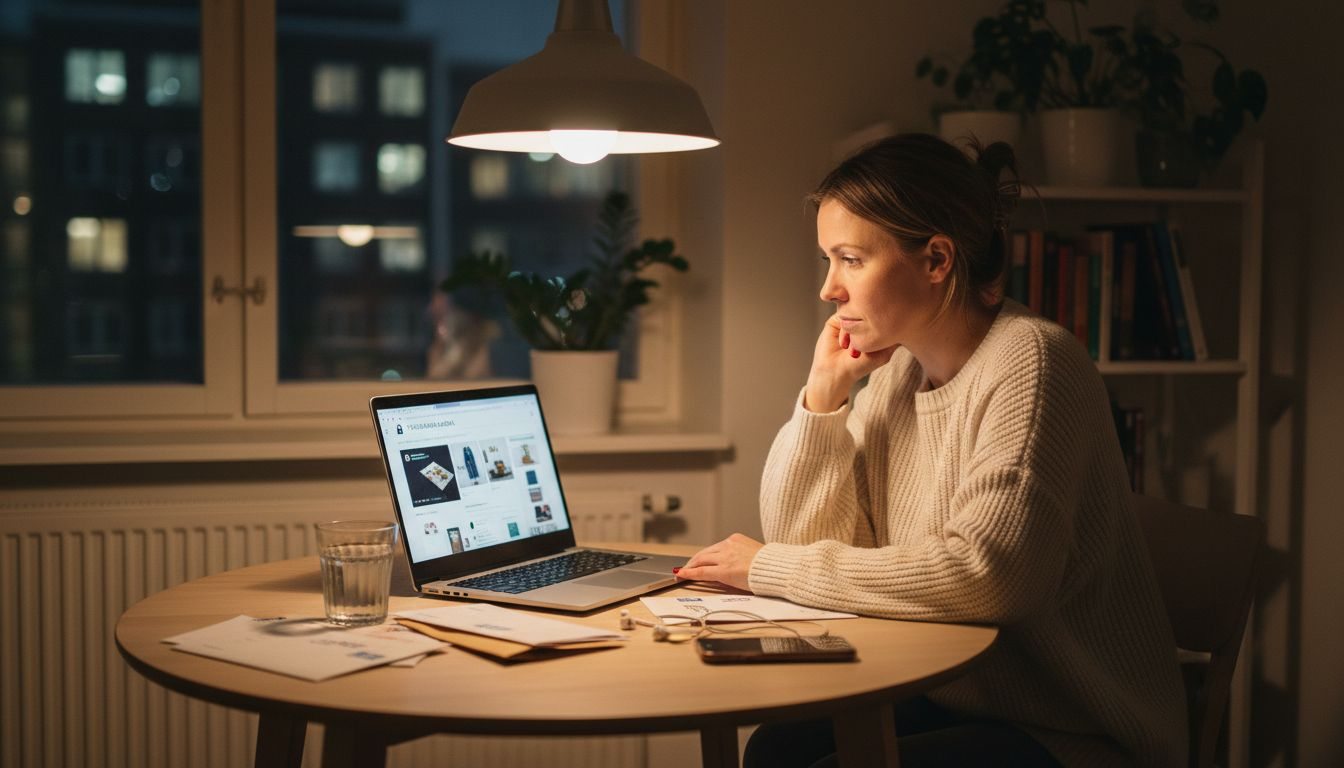 Nainen tutustuu seksuaalisen hyvinvoinnin tuotteisiin verkkokaupassa ja tekee ostoksia omaan arkeensa sopivia vaihtoehtoja etsien.