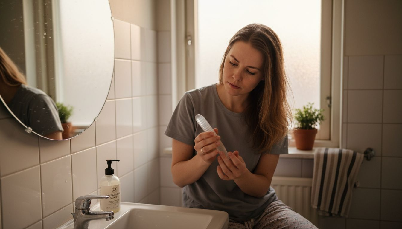 Nainen tarkastelee silikonista seksilelua kylpyhuoneen tasolla.
