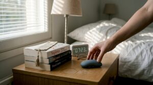 Hand picking up clitoral stimulator at bedside