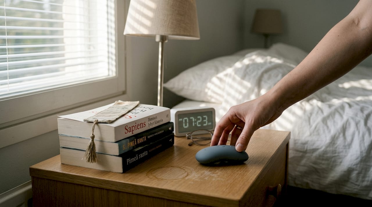 Hand picking up clitoral stimulator at bedside