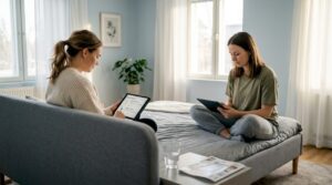 Nainen selailee tuotearvosteluja valoisassa makuuhuoneessa