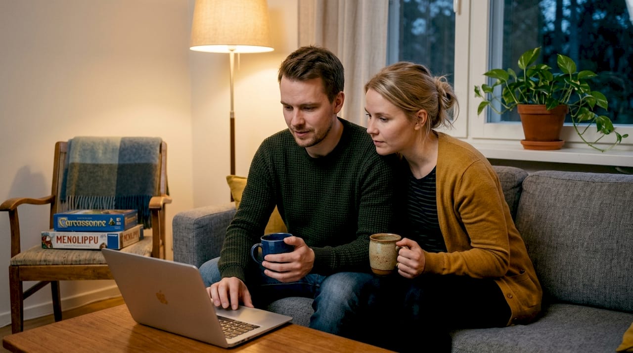 Pariskunta rentoutuu yhdessä olohuoneessa.