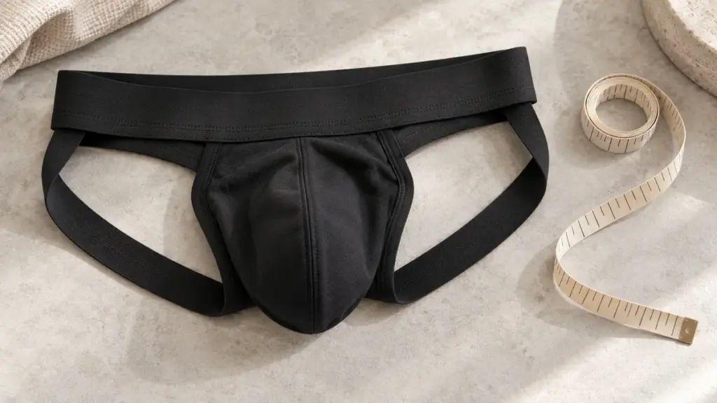 Musta jockstrap-alusasu tasolle aseteltuna mittanauhan vieressä.
