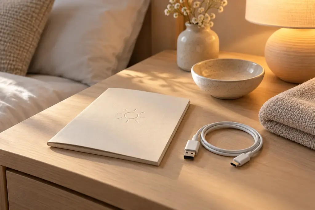 Lämmitettävä seksilelu: mitä tarkistaa ennen ostoa? 1 Käyttöohjevihko ja irrotettu USB-kaapeli lämpimän sävyisellä yöpöydällä.