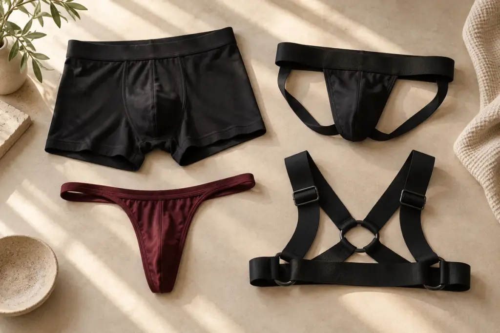 Neljä miesten alusasua ja asustetta — bokserit, jockstrap, stringit ja mustat vartalovaljaat — aseteltuina vierekkäin.
