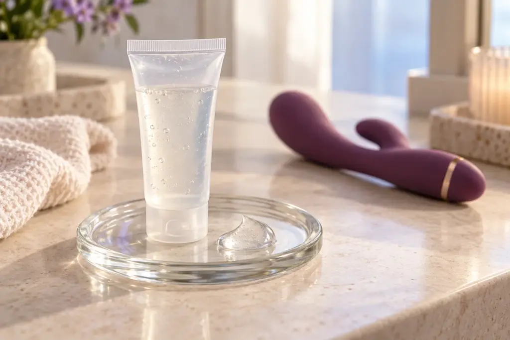 Kirkas geeli ja violetti vibraattori vierekkäin vaalealla pöytätasolla