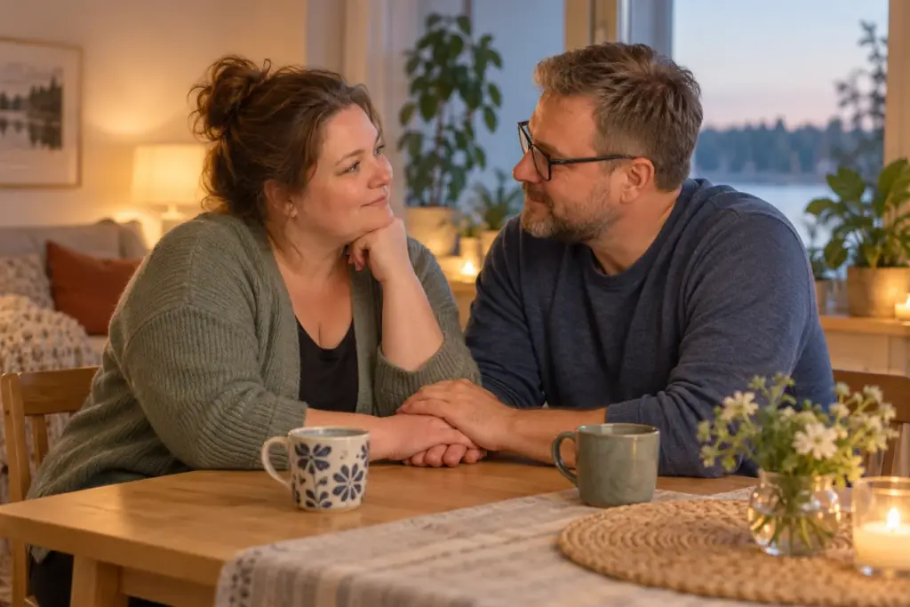 Kaksi aikuista keskustelee rauhallisesti ja pitää toisiaan kädestä kotona.