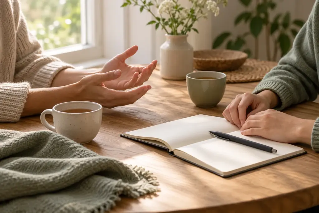 Kaksi ihmistä keskustelee rauhallisesti pöydän ääressä teekuppien ja avoimen muistikirjan lähellä.
