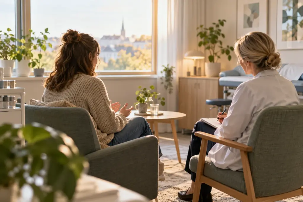 Vaginismi eli emätinkouristus: oireet ja avun hakeminen 1 Aikuinen kertoo huolistaan terveydenhuollon ammattilaiselle rauhallisessa vastaanottohuoneessa.