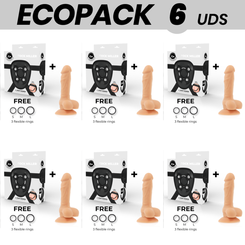 ECOPACK 6 UNITS - COCK MILLER HARNESS + DILDO SILICONE DENSITY ARTICULABLE COCKSIL 13 CM