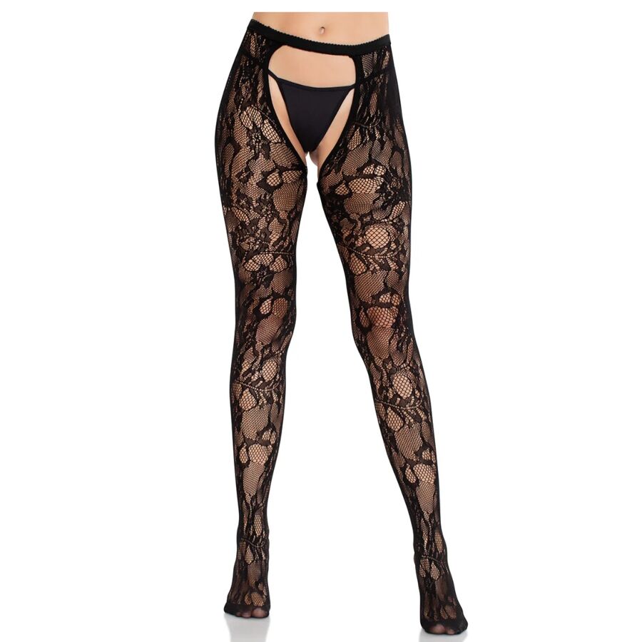LEG AVENUE - ROSE LACE STOCKINGS WITH OPEN BACK BLACK