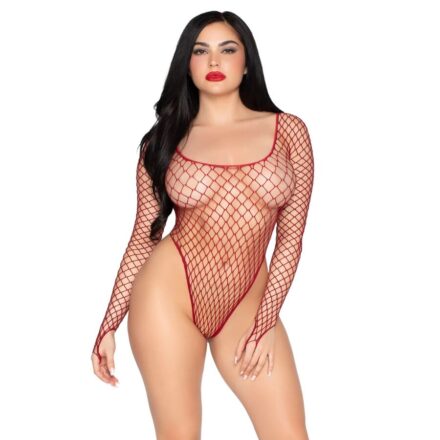 LEG AVENUE - 89377 HIGH-CUT INDUSTRIAL NET BODYSUIT RED - ONE SIZE